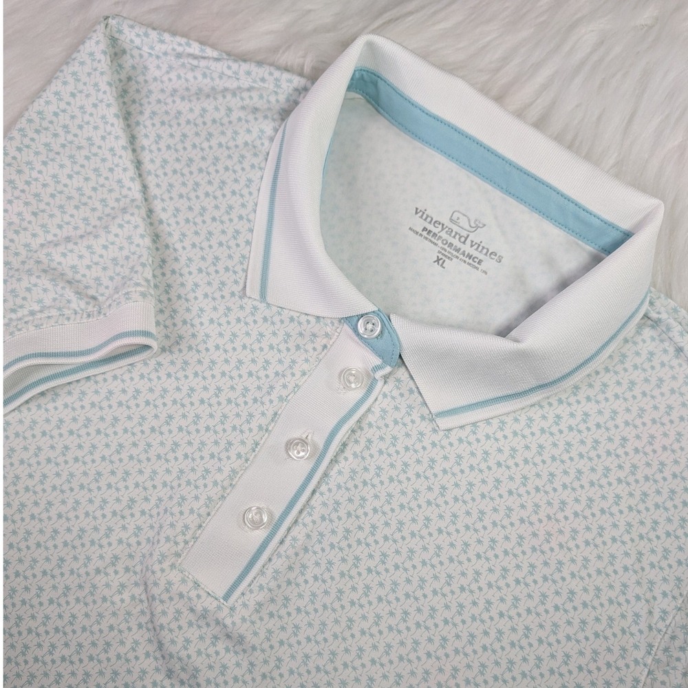 Vineyard Vines Polo Shirt Womens XL White Blue Palm Tree Performance Top